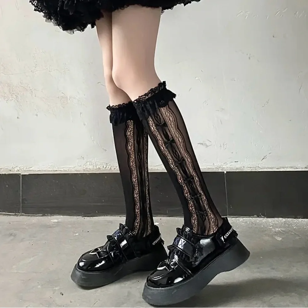 Retro Vintage Style Bow Accent Knee High Socks Flirty Ruffle Trim Soft Lace Calf